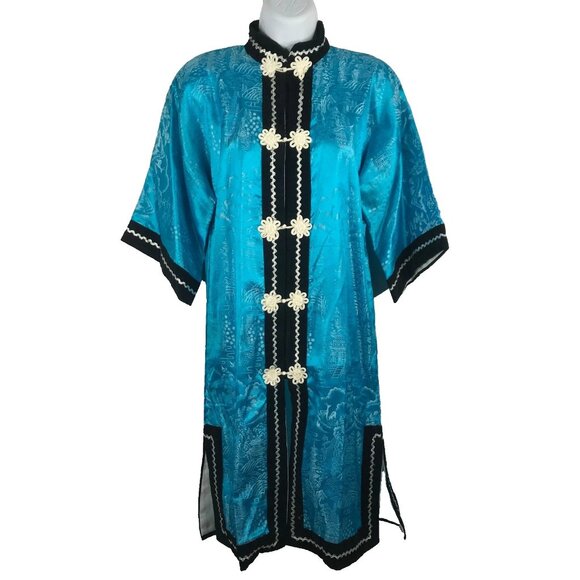 Vintage 80s JOLI Blue Satin Chinoiserie Kimono Duster Jacket Dress - Picture 1 of 10